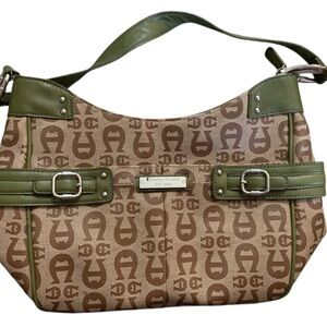 Etienne Aigner Logo Canvas Fabric Avocado Green Multi-Compartment Shoulder Bag